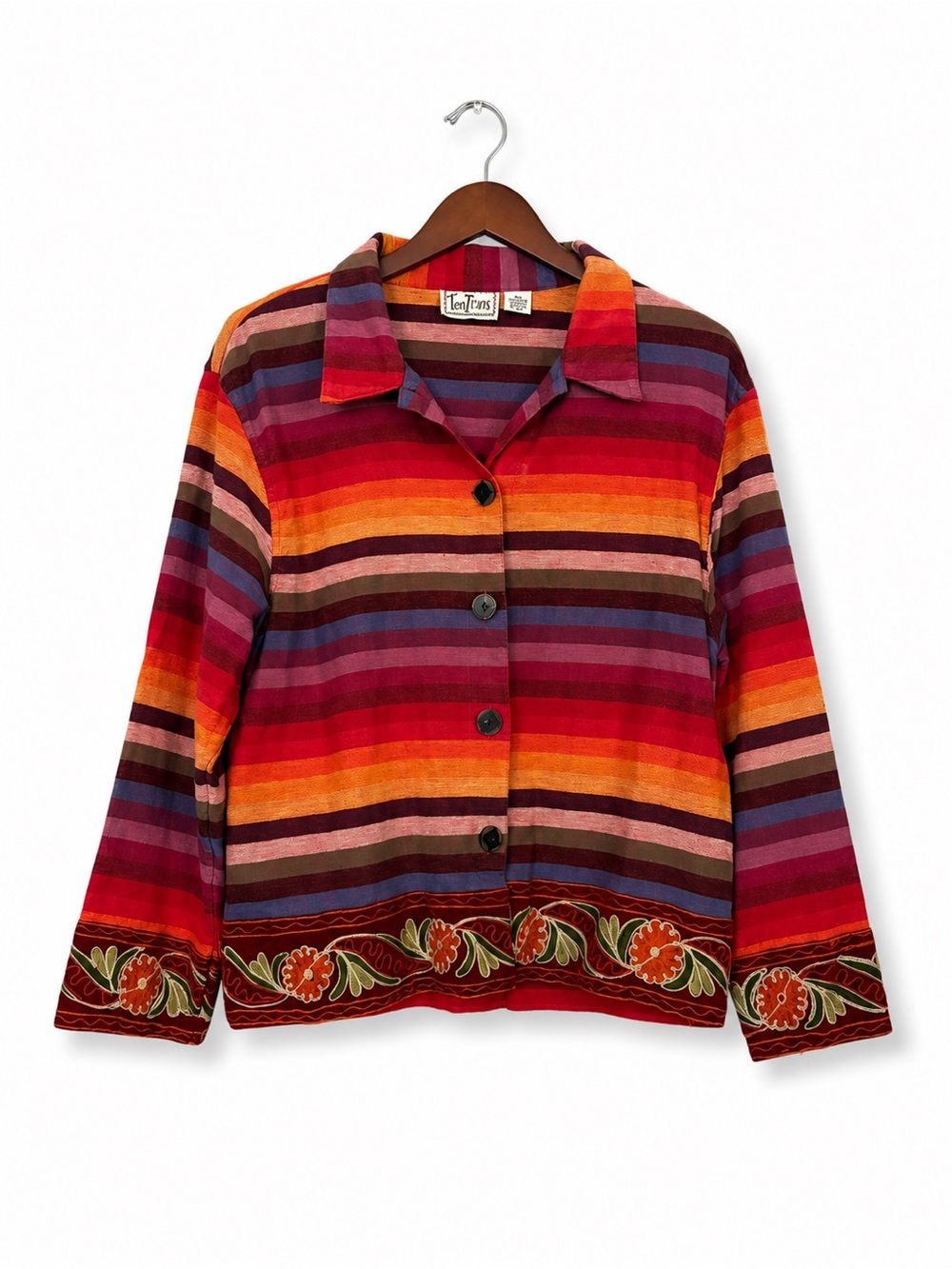 TanTrums XL Rainbow Stripe Embroidered Cotton Button Down Boho Shirt - Picture 2 of 8